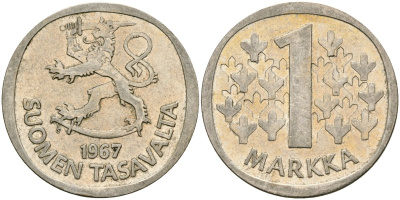Финляндия 1 марка 1967 S KM 49 серебро 4582-1247
