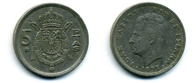 ИСПАНИЯ 5 ПЕСЕТ 1975 ХУАН КАРЛОС I KM 807 медно-никель 56-1057