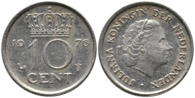 Нидерланды 10 центов 1976 Юлиана (1948-1980) КМ 182 никель 220-1268