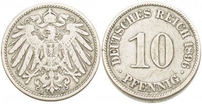 ГЕРМАНИЯ 10 ПФЕННИГОВ 1896 A KM 12, J. 13, Weege 8 медно-никель 212-827