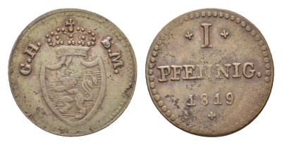 Гессен-Дармштадт 1 пфенниг 1819 Людвиг I (1790-1830) KM 280, AKS 95 медь 4658-957