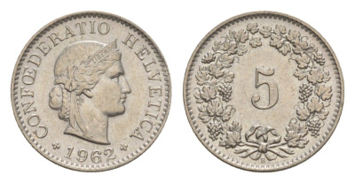 Швейцария 5 раппенов 1962 B KM 26 медно-никель 4611-768