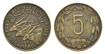 Экваториальная Африка, Камерун 5 франков 1961 KM 1 медь алюминий 54-934