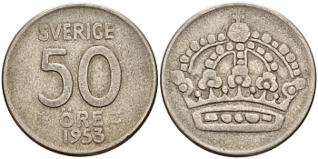 Швеция 50 эре 1953 TS, Густав VI Адольф (1950-1973) KM 825 серебро 4148-922