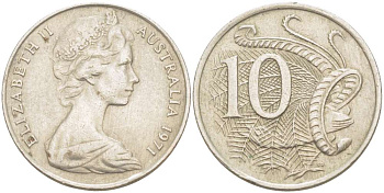 Австралия 10 центов 1971 Елизавета II (1952-), птица лирахвост KM 65 медно-никель 4519-413