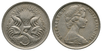 АВСТРАЛИЯ 5 ЦЕНТОВ 1968 ЕЛИЗАВЕТА II, МОЛОДОЙ ПОРТРЕТ, ЕХИДНА KM 64 медно-никель 89-1353