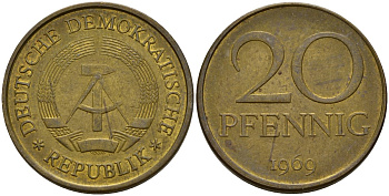 ГДР 20 пфеннигов 1969 A, первый год KM 11 латунь 92-742