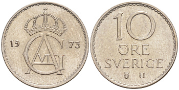 Швеция 10 эре 1973 U, Густав VI Адольф (1950-1973) KM 835 медно-никель UNC 187-825