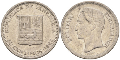 Венесуэла 50 сентимо 1965 Симон Боливар KM 41, Schon 51 никель 186-825