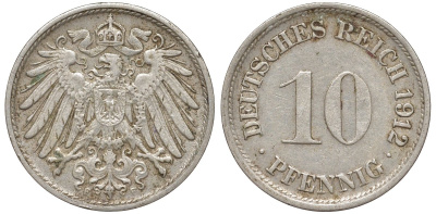 Германия 10 пфеннигов 1912 F KM 12, J. 13 медно-никель 4132-456