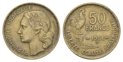 Франция 50 франков 1951 B KM 918.2 алюминиевая бронза    4660-322