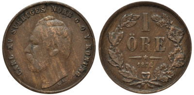Швеция 1 эре 1872 L.A., Карл XV (1859-1872) KM 705 бронза 26-1165