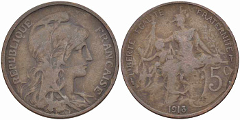 ФРАНЦИЯ 5 САНТИМОВ 1913 ТИП ДАНИЭЛЬ ДЮПЮИ KM 842, LE FRANC 119.25 бронза 108-944