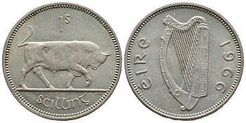 ИРЛАНДИЯ 1 ШИЛЛИНГ 1966 БЫК KM 14а медно-никель 4110-1211