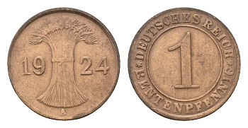 Германия 1 рентенпфенниг 1924 A KM 30, J. 306 бронза 4630-623