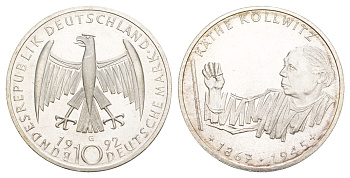 ФРГ 10 марок 1992 G, 125 лет со дня рождения Кете Кольвиц KM 178 серебро UNC 4634-1013