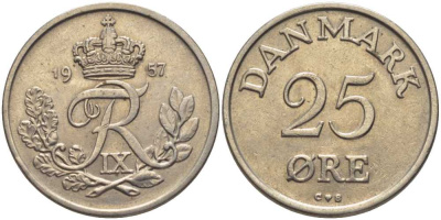 ДАНИЯ 25 ЭРЕ 1957 С;S, ФРЕДЕРИК IX (1947-1972) KM 842.2 медно-никель 202-734