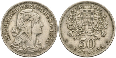 Португалия 50 сентаво 1946 KM 577 медно-никель 4566-346