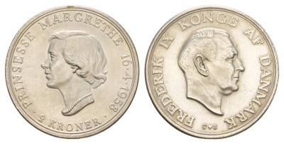 Дания 2 кроны 1958 18 лет Принцессе Маргрете KM 845 серебро BU 413-3115