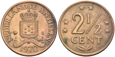 Нидерландские Антилы 2 1/2 цента 1970 Юлиана (1948-1980) KM 9 бронза 4177-337