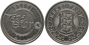 ЭСТОНИЯ ЖЕТОН 2011 TERE EURO (ЗДРАСТВУЙ ЕВРО), ВЕС 3 ГР., ДМИАМЕТР 20 ММ., ТОЛЩИНА 1,25 ММ., ТИРАЖ 700000 ЭКЗ., МАГНИТНЫЙ, МЕДАЛЬНАЯ РОТАЦИЯ, ГУРТ ГЛАДКИЙ никелированная сталь 181-137