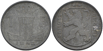 Бельгия 1 франк 1946 BELGIE-BELGIQUE, немецкая оккупация KM 128 цинк 4592-512