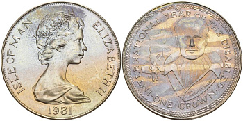 Остров Мэн 1 крона 1981 Международный год инвалидов, Сэр Дуглас Бейдер, самолеты KM 79 медно-никель UNC 118-1223