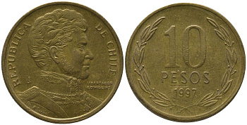 Чили 10 песо 1997 So KM 228.2, Schon 82 алюминиевая бронза 4544-627