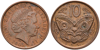 Новая Зеландия 10 центов 2006 Елизавета II (1952-2022), маска маори KM 117а сталь плакированная медью 117-215