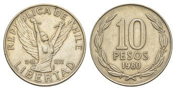 Чили 10 песо 1980 KM 210 медно-никель 4641-517