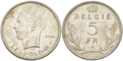 Бельгия 5 франков 1936 Леопольд III (1934-1951), Belgie KM 109 никель 3851-515