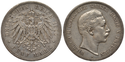 Пруссия 5 марок 1900 Вильгельм II (1888-1918) KM 523, J. 104 серебро 1066-5-26