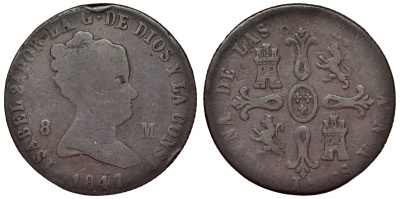 Испания 8 мараведи 1847 М, Изабелла KM 531.3 медь    4117-511