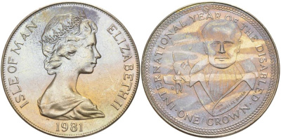 Остров Мэн 1 крона 1981 Международный год инвалидов, Сэр Дуглас Бейдер, самолеты KM 79 медно-никель UNC 118-1223