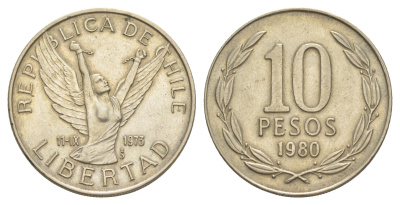 Чили 10 песо 1980 KM 210 медно-никель 4641-517