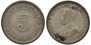 Стрейтс-Сетлментс 5 центов 1926 Георг V (1910-1936) КМ 36 серебро 53-529