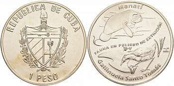 Куба 1 песо 2009 серия исчезающие виды животного мира, ламантин и кубинский погоныш KM 910 медно-никель UNC 00-00