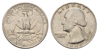 США 25 центов (квотер) 1982 P, Вашингтон KM А164а медь плакированная медно-никелем 4681-446