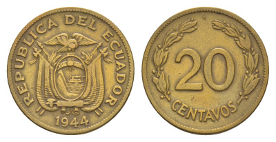 Эквадор 20 сентаво 1944 KM 77.1a латунь 4640-1222