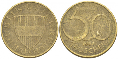 АВСТРИЯ 50 ГРОШЕЙ 1968 KM 2885 алюминиевая бронза 3309-324