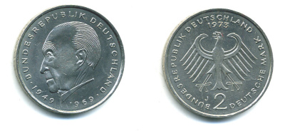 ФРГ 2 МАРКИ 1973 J, КОНРАД АДЕНАУЭР KM 124, J. 406 медно-никель плакированный никелем плакированный никелем UNC 53-1242