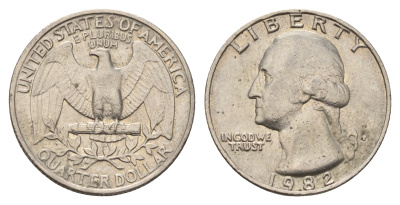 США 25 центов (квотер) 1982 P, Вашингтон KM А164а медь плакированная медно-никелем 4681-446