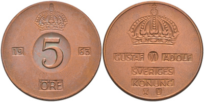Швеция 5 эре 1963 Густав VI Адольф (1950-1973) KM 822 бронза 4111-134