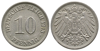 Германия 10 пфеннигов 1913 J KM 12, Jager 13, Weege 8 медно-никель 4364-2932