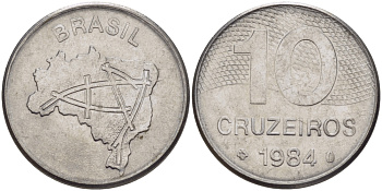 Бразилия 10 крузейро 1984 карта Бразилии KM 592.1 нержавеющая сталь 67-915