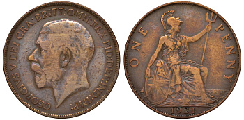 Великобритания 1 пенни 1921 Георг V (1910-1936) KM 810, Spink 4051 бронза 4131-411