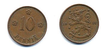 Финляндия 10 пенни 1936 республика (1918-1962) KM 24 медь 51-5514