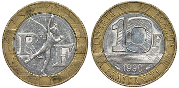 Франция 10 франков 1990 тип Гений Бастилии KM 964.1, Le Frank 375.5 биметалл 45-816