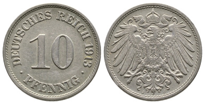 Германия 10 пфеннигов 1913 J KM 12, Jager 13, Weege 8 медно-никель 4364-2932