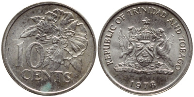 Тринидад и Тобаго 10 центов 1978 цветок гибискуса KM 31 медно-никель 4396-869